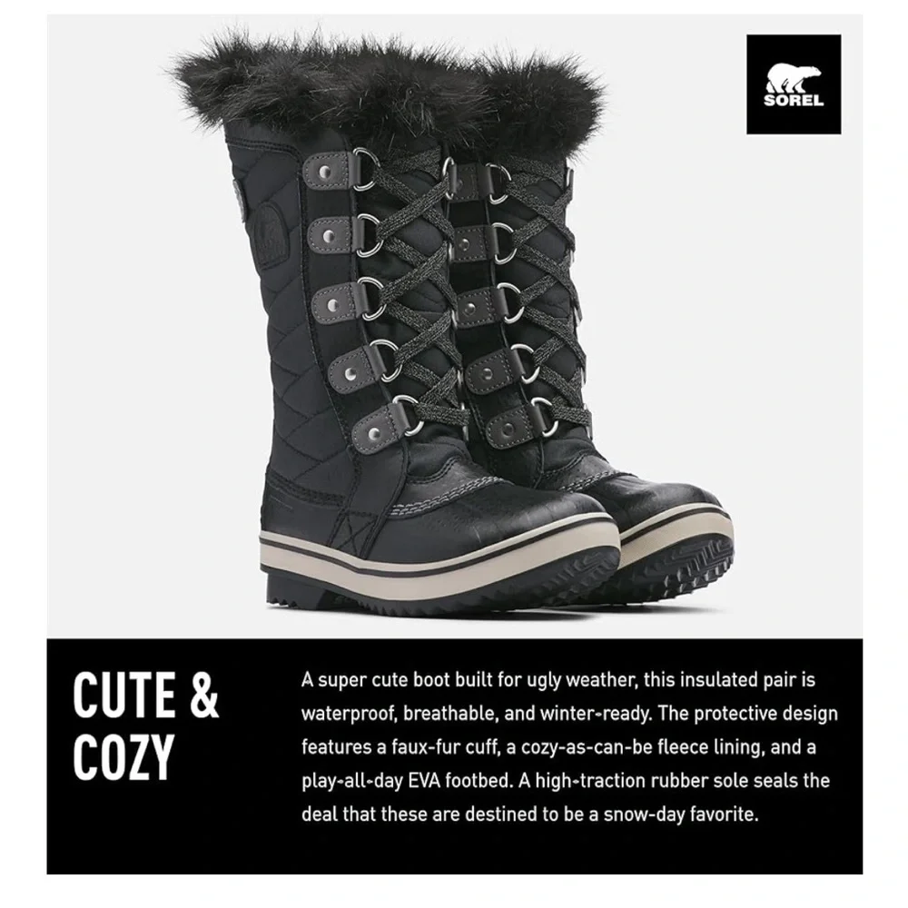 NWOT Sorel Kid's Tofino II Tall Hiking Boots with Faux Fur-Trim Black Quarry